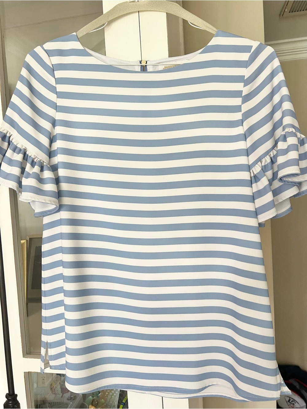 Sail to sable Striped Blue & White Ruffle Sleeve Top